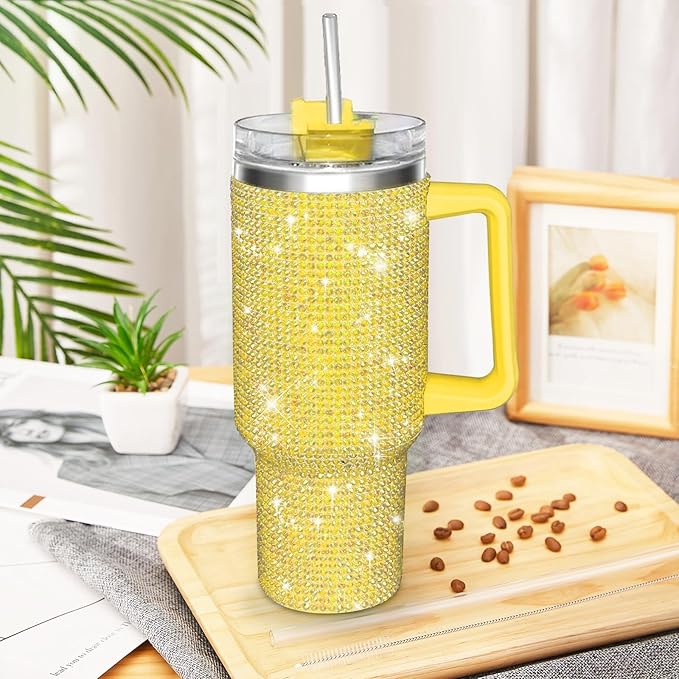 HWISDMIG 40oz Tumbler with Handle-Glitter Rhinestones Tumbler Bling Cups Stainless Steel Water Bottle Diamond Studded Tumbler for Women-Birthday Gifts for Women, Mom, Girlfriend (Pomelo)
