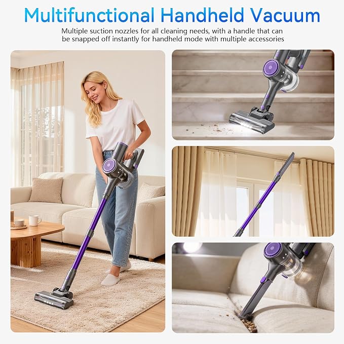 BlueEpic Cordless Vacuum Cleaner, 40KPA 45Mins Rechargeable Vacuum Cordless, Stick Vacuum with 2 Adjustable Modes, Handheld Vacuum for Home/Pet Hair/Carpet/Floor (Purple)