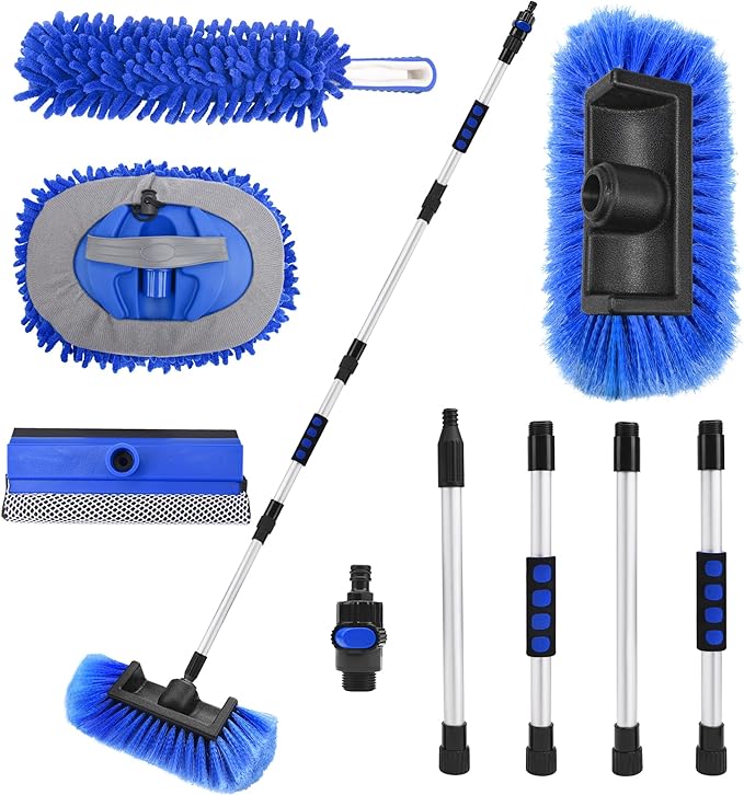 Lezcufer 65" Car Wash Brush with Long Handle, Car Wash Mop, Flow-Thru Soft Bristle Car Washing Brush with Extendable Handle and Hose Attachment for Car, SUV, Truck,RV, Boat