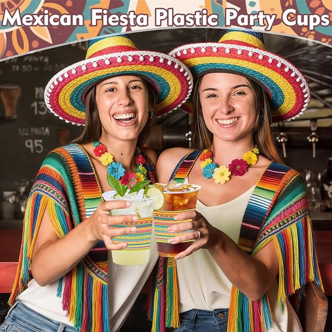 100Pcs Mexican Plastic Party Cups, 12oz Fiesta Disposable Clear Cups Margarita Cinco De Mayo Cup for Party Decorations, Mexico Taco Carnival, Birthday Party Drinking Supplies