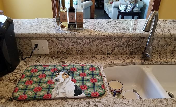 Caroline's Treasures Smooth Fox Terrier Christmas PoinsettIas Dish Drying Mat Absorbent Dish Drying Mat Pad for Kitchen Counter Dish Drainer Mat for Countertop, 14 x 21", Multicolor