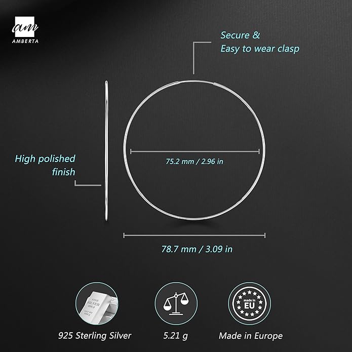 Amberta® 925 Sterling Silver Fine Circle Endless Hoops - Polished Round Sleeper Earrings Diameter Size: 20 30 40 60 75 mm