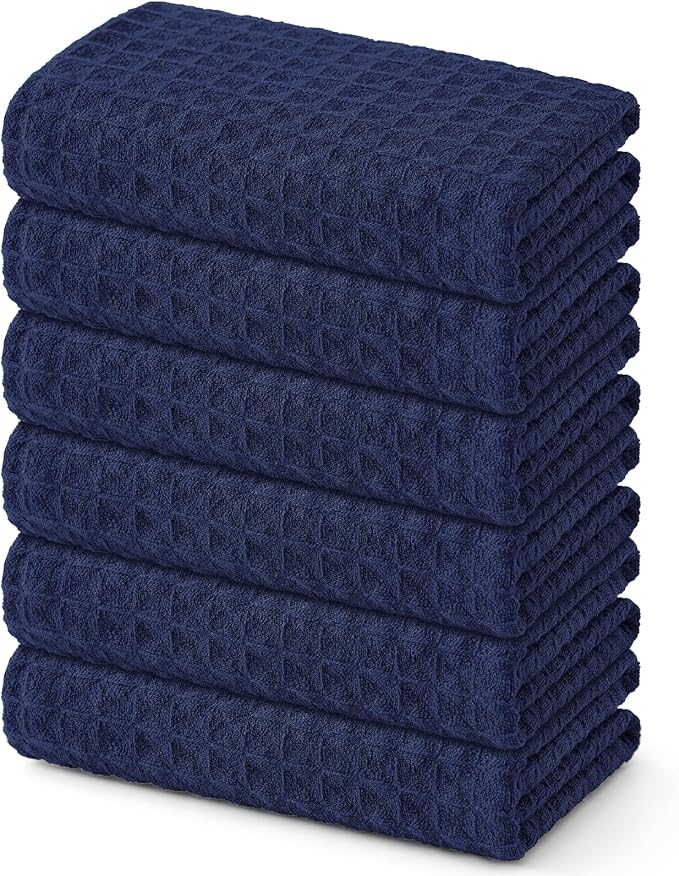Homaxy Microfiber Waffle Weave Kitchen Towels, 16 x 28 Inch Ultra Absorbent and Solid Color Dish Towels, 6 Pack, Navy Blue