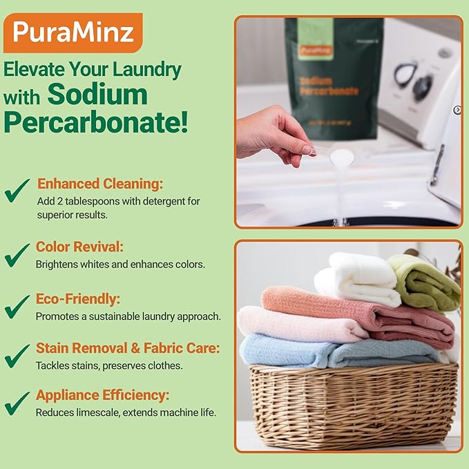 Sodium Percarbonate - 2 Pounds - Pure Oxygen Bleach Powder. Color Safe Stain & Grime Remover, Multi-Use Cleaner for Home & Laundry - Packed in Durable Resealable Packaging.