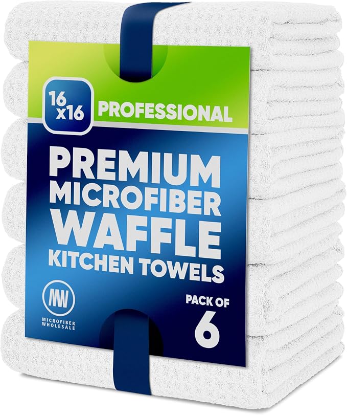 Kitchen Towels - Microfiber Waffle Weave Towels | Absorbent, No Lint, Thick, Reusable, Commercial, Soft, Hand, Tea, Glass, Bar, Sublimation Blank, Polyester Cloths (White, 16 x 16 (6 Pack))