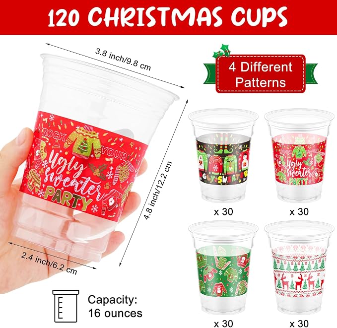 Kochorie 120 Pieces Christmas Sweater Plastic Cups 16 Oz Christmas Disposable Plastic Cups Xmas Tree Santa Reindeer Snow Drinking Cups for Christmas Party Supplies, Merry Christmas Party Decorations