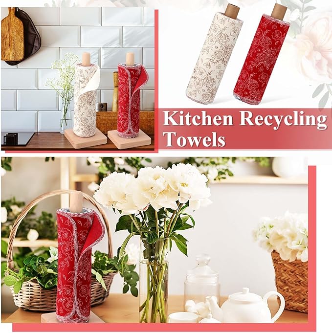 Redbaker 50 Pcs Reusable Paper Towels Paperless Reusable Cotton Cloths Toilet Absorbent Washable Paper Towels with Roll Kitchen Dishcloth for Kitchen Paperless Dishcloths(Retro)