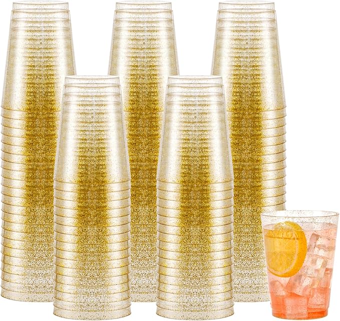 supernal 200pcs Gold Glitter Plastic Cups - 10oz Heavy Duty Disposable Party Cups | Premium Clear Shimmer Tumblers for Wedding, Birthday Cocktail, Banquet Wine Toasting & Catering