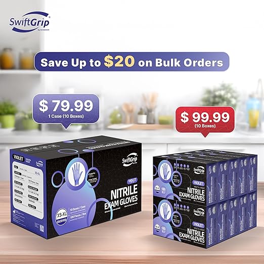 SwiftGrip Disposable Nitrile Exam Gloves, 3mil, Large, Case of 1000, Violet Nitrile Gloves Disposable Latex Free for Medical, Cleaning, Cooking & Esthetician, Food-Safe, Powder-Free, Purple