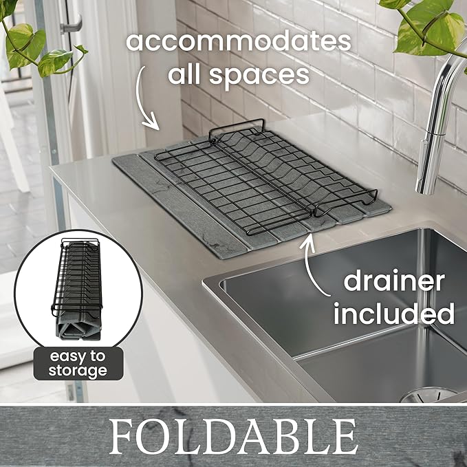 Stone Drying Mat + Foldable Black Metal Dish Rack – Complete 2-Tier Kitchen Drying System – Ultra Absorbent Dark Gray Mat for Plates, Glasses & Cutlery – Modern & Hygienic Counter Organizer - 24"x16"