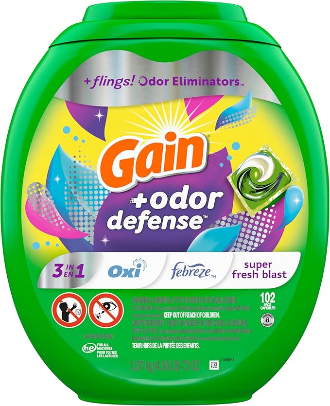 Gain Flings Laundry Detergent Pacs with Odor Defense, 102 Count, Super Fresh Blast Scent, HE 3in1 Detergent Pacs with Febreze and Oxi