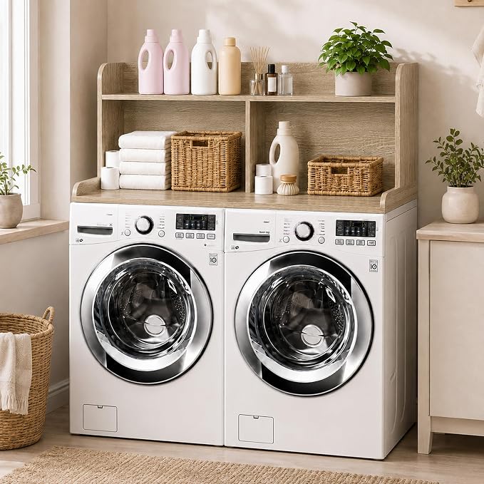 Royxen Laundry Countertop with 20" Shelf Universal Fit, Washer and Dryer Countertop with Storage Space, Laundry Room Storage (White Oak)