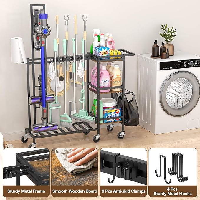 Housolution Cleaning Utility Cart on Wheels, Multifunctional Cleaning Tools Supplies Organizer with Broom and Mop Holder, Vacuum Stand Compatible with Dyson, Rolling Storage Cart for Home