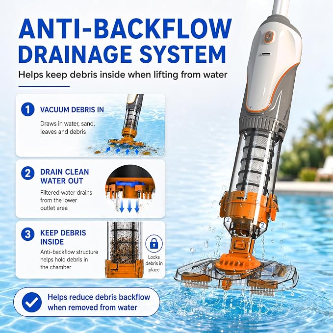 Cordless Pool Spa Vacuum Cleaner Rechargeable Handheld Pool Vacuum with 60-Min Runtime Dual Filtration 3 Cleaning Heads Telescopic Pole for Sand Leaves Hot Tubs Above Ground & Small Pools (Orange)
