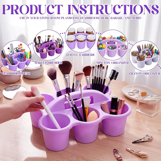 Suclain 6 Pcs Caddy Storage Basket with Handle, Plastic Drink Cup Caddy Holder, 6 Compartments for Table, Office, Arts, Crafts, Crayon, Marker, Pencil(Purple)