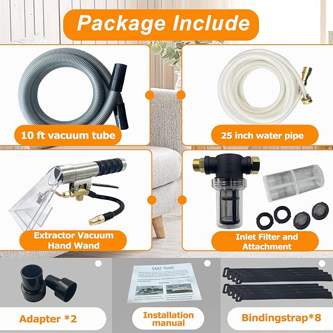 Shop Vac Extractor Kit, Extractor Hose Kit with Wand and Hose for Upholstery, Carpet Cleaning & Auto Detailing Shop Vacuum with10 FT Vacuum Hose, 25 FT Waterline & Adapter