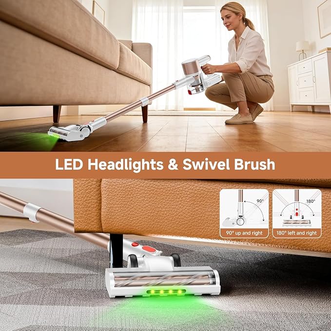 Cordless Vacuum Cleaner, 40Kpa Vacuum Cleaners for Home, Cordless Vacuum with LED Display, 8 in 1 Rechargeable Vacuum (Gold)