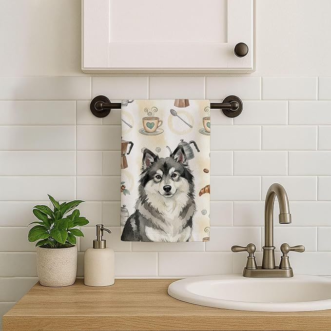 Caroline's Treasures Keeshond Coffee Bar Kitchen Towel Velour Plush Front and Cotton Loop Back Machine Washable