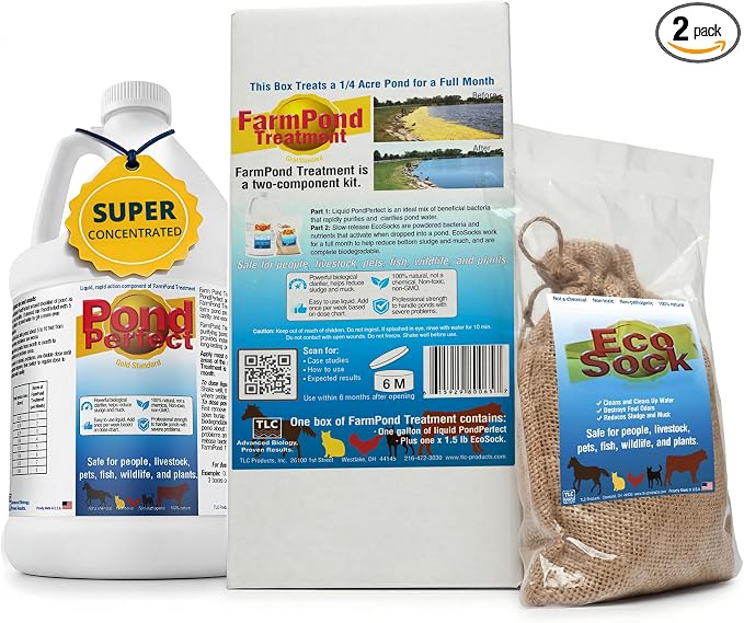 TLC Farm Pond Treatment – PondPerfect Liquid & EcoSock Dual System, Pond Bacteria for Larger Outdoor Ponds – 1 Box Treats Up to 1/4 Acre – 1 Gallon + 1 EcoSock