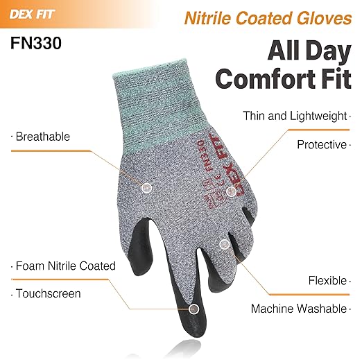 DEX FIT Nitrile Work Gloves FN330, 3D-Comfort Stretchy Fit, Firm Grip, Thin & Lightweight, Touch-Screen Compatible, Durable, Breathable & Cool, Machine Washable; Grey L (9) 3 Pairs