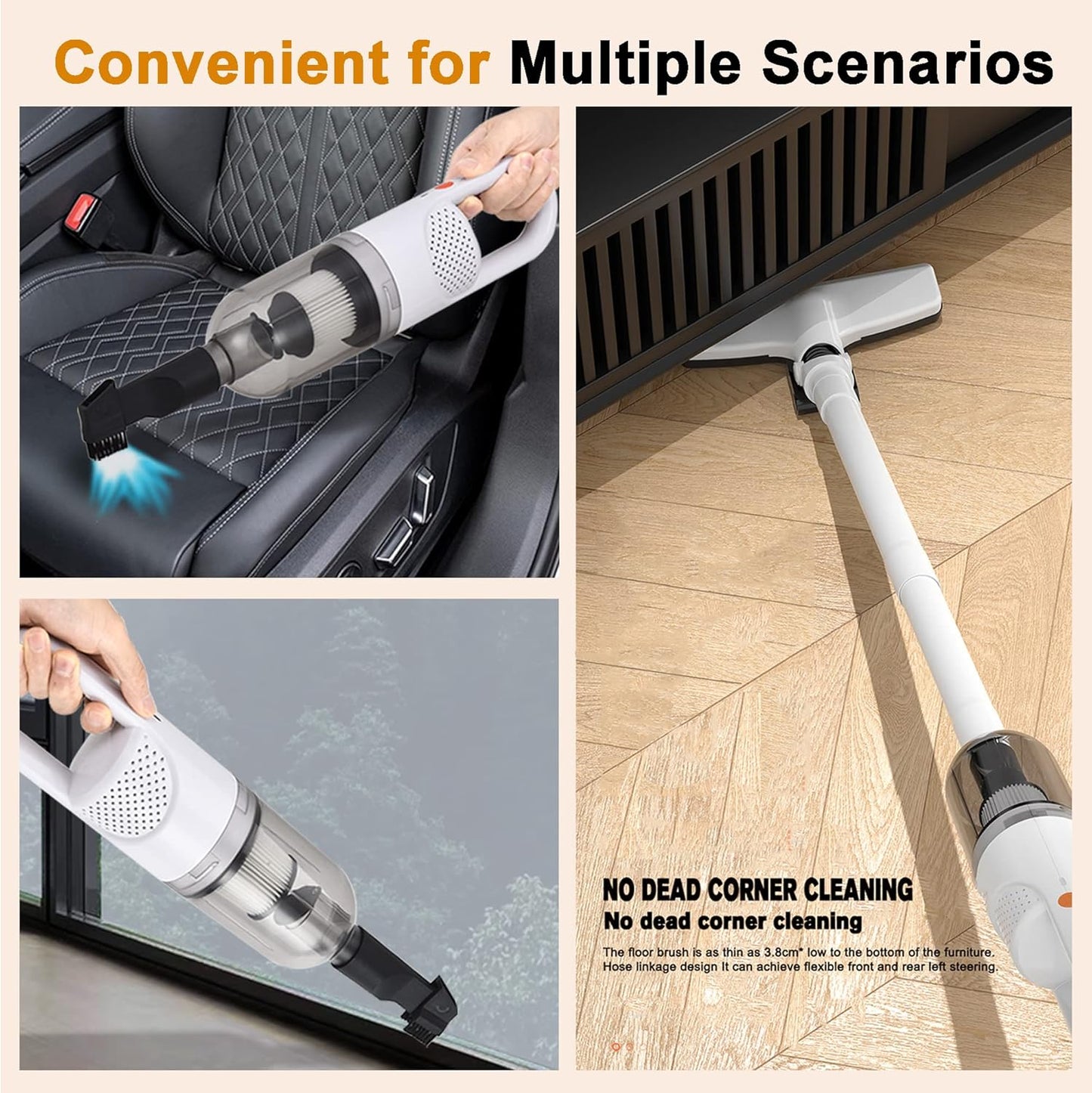 6-in-1 Lightweight Stick Vacuum Cleaner with 100W Powerful Motor, Mini Portable Household Handheld Vacuum Cleaner for Domestic Hard Floors, Carpets and Pet Hair (White Cordless with Plug)