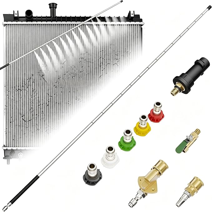 40" Radiator Cleaning Wand, 14-Hole Fan Spray Nozzle with 5 Tips, 304 Stainless Steel Round Tube, 4500 PSI High Pressure Washer Tool for Truck RV Heavy Equipment & AC Condenser
