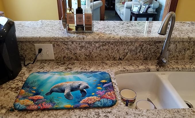 Caroline's Treasures Summer Manatee Dish Drying Mat Absorbent Dish Drying Mat Pad for Kitchen Counter Dish Drainer Mat for Countertop, 14 x 21", Multicolor