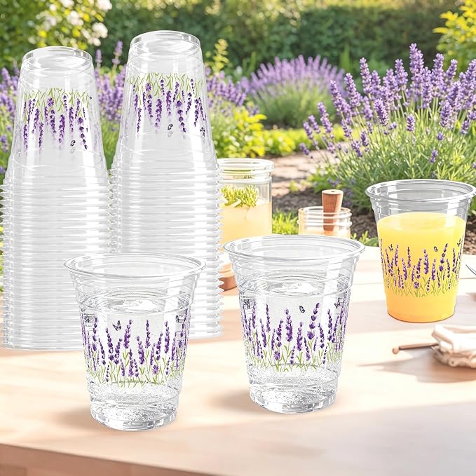 100 Pack Lavender Plastic Cups 12 oz Purple Floral Spring Summer Flower Disposable Cup Wildflowers Drinking Cold Beverage Cup for Summer Party Supplies
