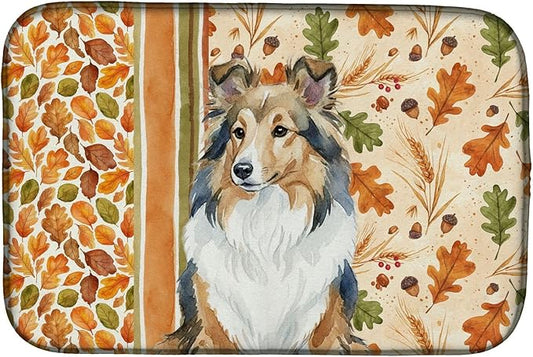 Caroline's Treasures Sable Sheltie Heirloom Fall Dish Drying Mat Absorbent Dish Drying Mat Pad for Kitchen Counter Dish Drainer Mat for Countertop, 14 x 21", Multicolor