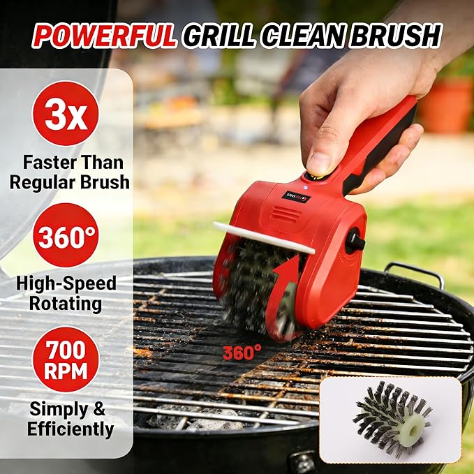 TOOLSPACE Cordless Electric Grill Brush, Rechargeable Grill Cleaner with 2PCS 360° Rotating Brush Heads, 700 RPM Powerful Cleaning for Outdoor Grills, Griddles & Barbecues