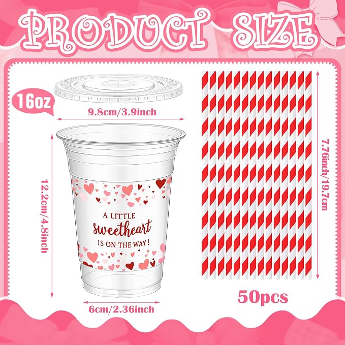 Qinyoung 50 Sets Valentine Heart Baby Shower Cups 16 oz Sweetheart Baby Shower Favors Red Heart Cups with Lid and Straw Disposable A Little Sweetheart Is on The Way Supplies for Birthday