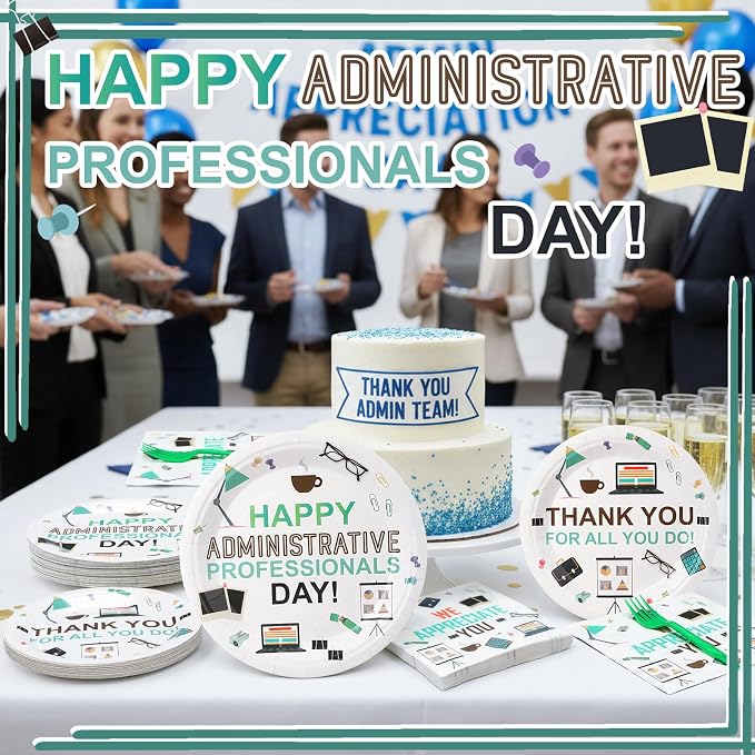 Remerry 96 Pcs Happy Administration Professionals Day Party Supplies We Appreciate You Tableware Disposable Thank You Employee Staff Paper Plates Napkins Forks for Party Decoration