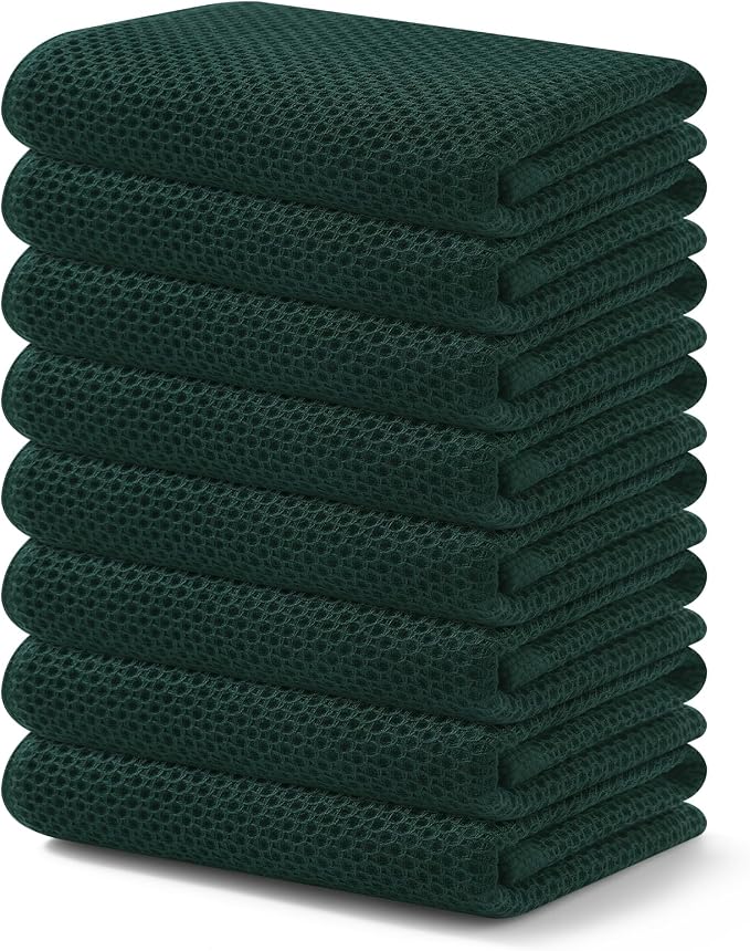 Kitinjoy 100% Cotton Waffle Weave Kitchen Hand Towels (13 X 28 Inches, Blackish Green), 8-Pack Super Soft and Absorbent Dish Towel for Drying Dishes