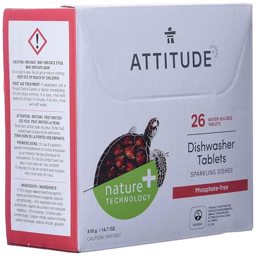 ATTITUDE Dishwasher Pods, Plant-Based & Vegan, Phosphate-Free Detergent Tablets, Naturally Derived, Unscented, 26 Count (Pack of 2)