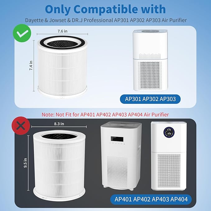 4 Packs AP301 AP302 Replacement Filter Compatible with Dayette & JOWSET AP301 AP302 Air Cleaner Purifier, Not Fit for AP401 AP402 AP403 AP404