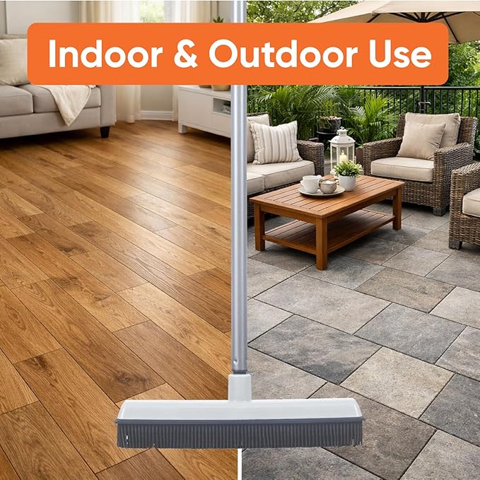 Rubber Bristle Broom for Hardwood Floors, Tiles, Carpets, Wood, and Vinyl, Salon Rubber Squeegee and Rug Rake for Human Hair, Pet Hair, Fur, and Lint, Grey, 2 Pack, by Superio