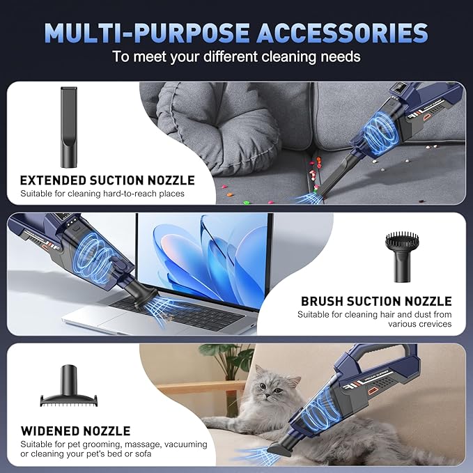 Handheld Vacuum Cordless, 16000PA High Power Car Vacuum Cleaner, Portable Hand Held Vacuum Cleaner with LED Light & Multi-Nozzles, Dust Buster Rechargeable for Home, Car, Office, Pet