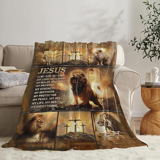 Tijuboni Christian Lion Throw Blanket Religious Gifts for Women Men Girls Boys Kids Adults Soft Flannel Fleece Blanket for Couch Sofa Bed Home Decor 50"x60"