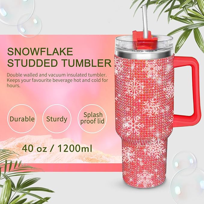 HWISDMIG 40oz Tumbler with Handle-Glitter Rhinestones Tumbler Bling Cups Stainless Steel Water Bottle Diamond Studded Tumbler for Women-Birthday Gifts for Women, Mom, Girlfriend (Snowflake)