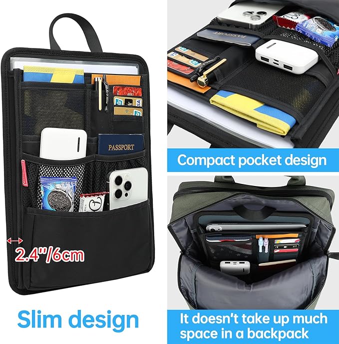 Slim Rugged Backpack Organizer Insert for Business Casual Men Women -13 Pockets,Padded Nylon,Max 14'' laptop - Black