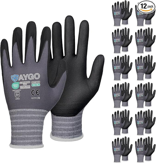 KAYGO Safety Work Gloves MicroFoam Nitrile Coated, 12 Pairs KG18NB,Seamless Knit Nylon Glove for Men and Women, Ideal for Automotive,Warehouse,Construction (X-Large,Gray)