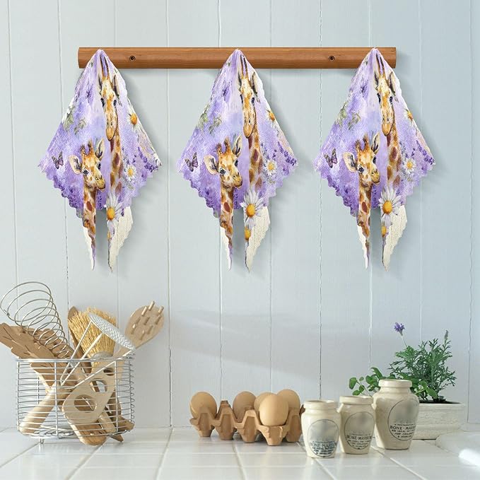 Watercolor Giraffe Daisy Purple Kitchen Towels Dish Cloths Set of 6 Microfiber Cleaning Cloths for Cars Super Absorbent Machine