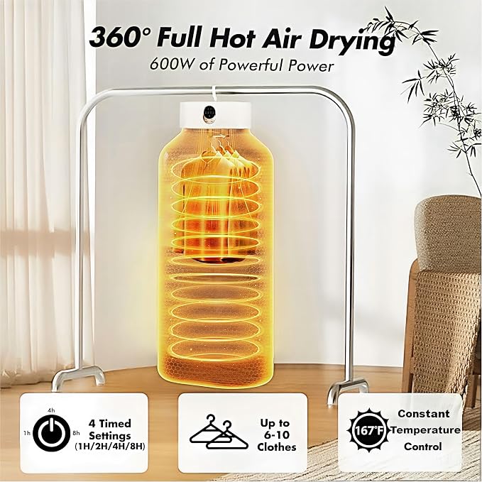 Hanging Portable Clothes Dryer, Mini & Compact Dryer | For Apartment, Dorms, RV&Travel, 4 Timer Settings (1H/2H/4H/8H), 167°F Constant Temperature