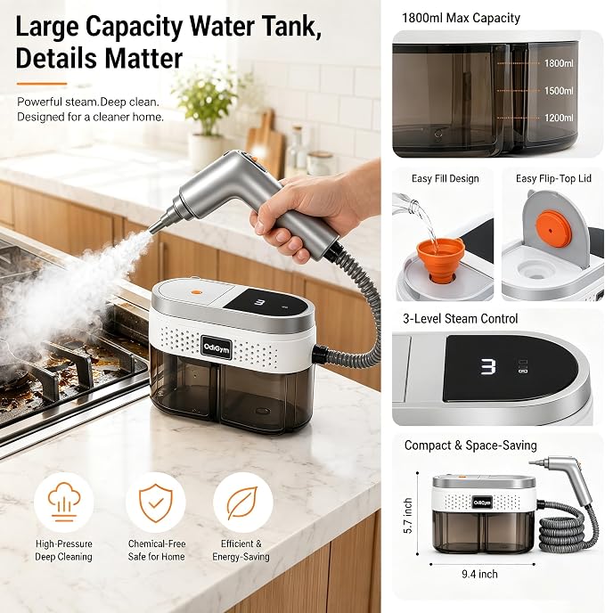 Steam Cleaner for Home, Portable Fast Heat Steamer with 1800ML Large Water Tank, 248°F High Temp Chemical-Free Hot Steam Cleaner for Kitchen, Bathroom, Car, Furniture, Walls, Tile Grout, Carpets.