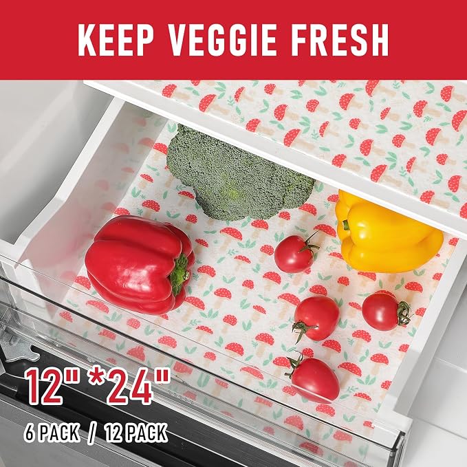 Cooyes 12 Pack Cloth Shelf Liners for Kitchen Cabinets, 12" × 24", Non-Slip Refrigerator Liners Machine Washable, Crisper Drawer Mats for Glass Shelves and Freezers, (Red Mushroom)