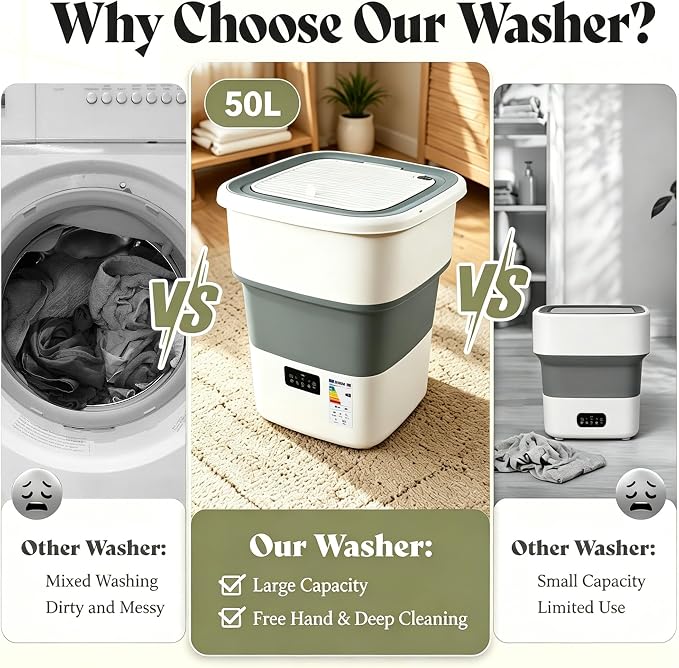 Portable Washing Machine, 50L Large Capacity Foldable Mini Washer with Spin Basket, Adjustable Wash 2–10 Min & Spin 1–6 Min Timer, for Apartment, RV, Camping, Dorm, Travel (Grey)