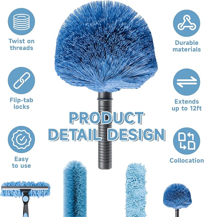 5-12ft Telescoping Durable Duster with Extension Pole – Lightweight Aluminum Cobweb Duster Kit – Extendable to 20ft Reach for Cleaning High Ceilings and Spider Webs