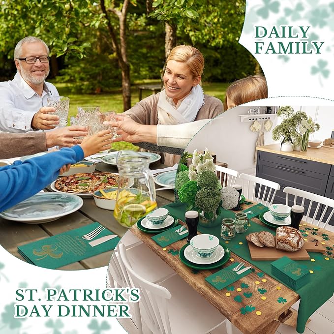 Tenceur 50 Pcs St. Patrick's Day Irish Blessing Paper Napkins 16x16'' Disposable Green Paper Napkins with Built in Flatware Pocket for Family Dinner Party Supplies Restaurants Daily Dinners