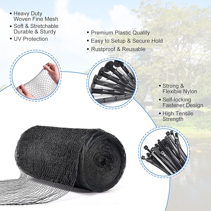 BUZIFU Pond Netting, 15 x 20FT Heavy Duty Pond Net for Koi Ponds, Garden Pool Fine Mesh Netting Kit for Leaves, Protects Koi Fish from Birds Cats Predators, with 14 Stakes and 30 Cable Zip Ties