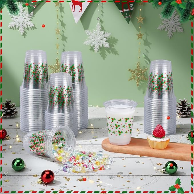 Jingmore 100 Pcs Christmas Plastic Cups 12 oz Holly Berry Red Green Leaves Disposable Clear Plastic Drinking Cups Bulk for Xmas Winter Holiday Party Decorations Supplies